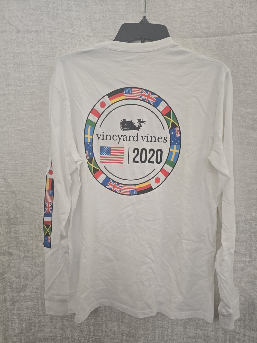 Vineyard Vines White Long Sleeve Tee with Multicolor Flag Ring 2020